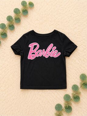 Barbie Black Tee with Pink Script Logo - Kids Short Sleeve
